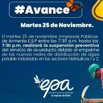 EPA anuncia suspensión del servicio de Agua en un sector de Armenia